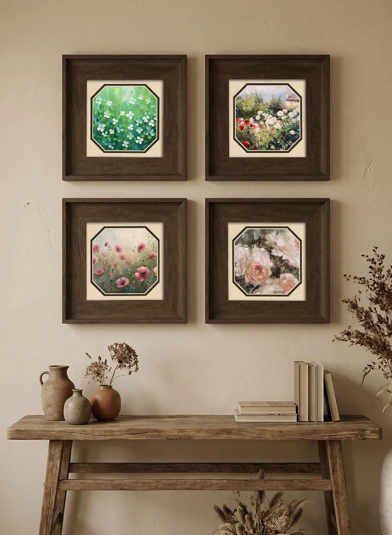 LOWHA Set of 4 Canvas Wall Art Stretched Over Wooden Frame with Vintage Brown Floating Frame and Garden Medallions Design